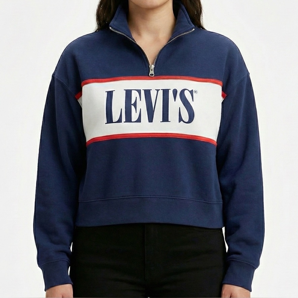 Levi’s 100% Cotton Navy Blue Logo Cropped Half Zip Pullover Sweatshirt Sz M EUC